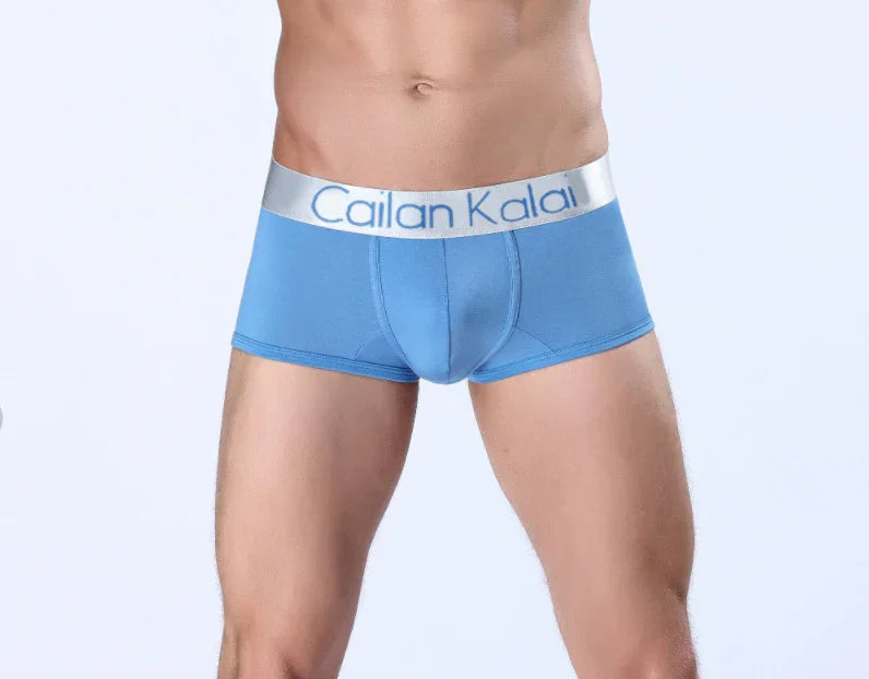 Male model wearing blue Cailan Kalai boxer briefs with silver elastic waistband