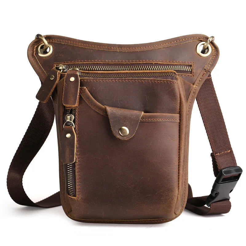 brown leather waist bag with multiple zippered pockets and adjustable strap