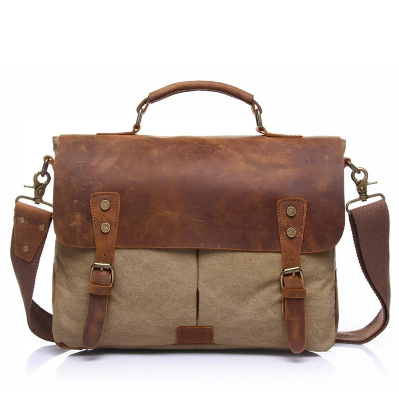 Vintage brown leather and canvas messenger bag with adjustable shoulder strap and buckle closures