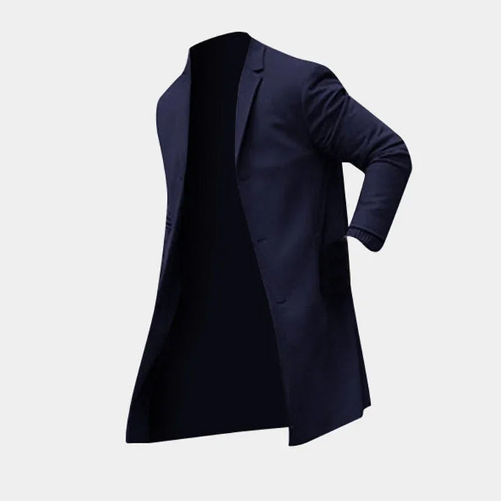 Navy blue men's blazer jacket with one sleeve bent, isolated on light gray background