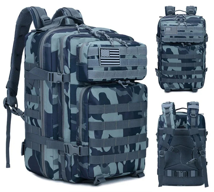 Durable blue and gray camouflage tactical backpack with multiple compartments and American flag patch