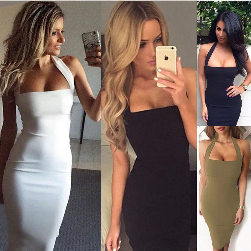 Women modeling white, black, navy blue, and olive green bodycon halter dresses, taking selfies indoors and posing outdoors