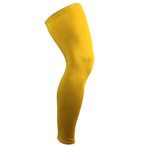 Yellow compression leg sleeve for sports and athletic support on a white background