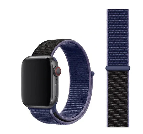Smartwatch with black screen and blue and black nylon loop band isolated on white background