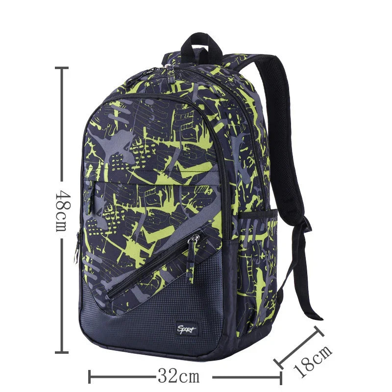 48cm tall black and green abstract print sport backpack with multiple zippered compartments