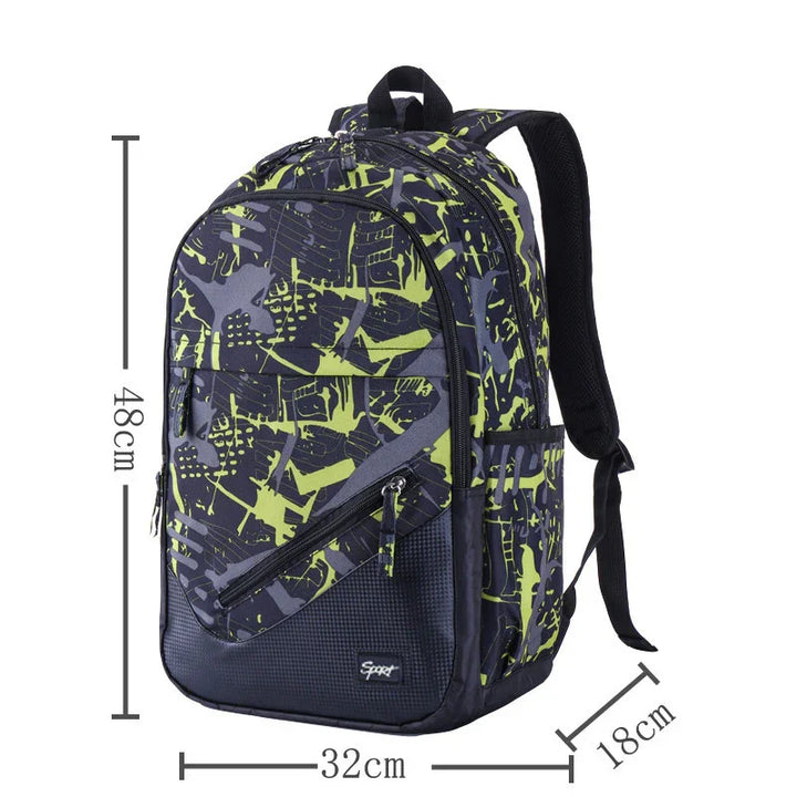 48cm tall black and green abstract print sport backpack with multiple zippered compartments