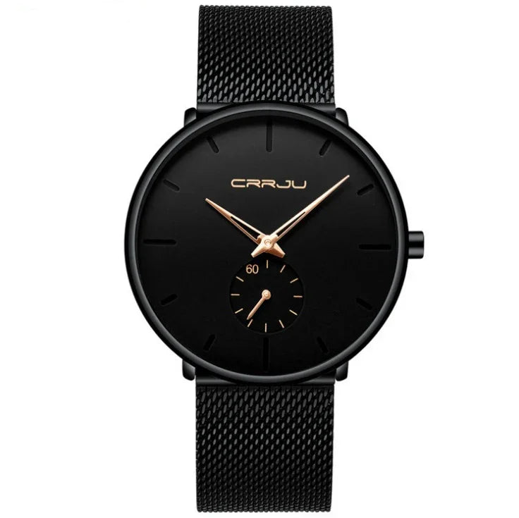 Elegant black CRRJU wristwatch with rose gold hands and mesh strap, minimalist dial design