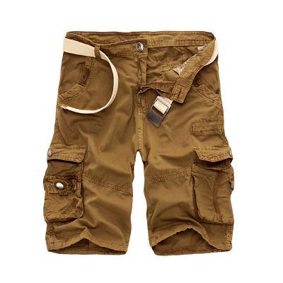 Brown cargo shorts with multiple pockets and a white belt, casual outdoor style