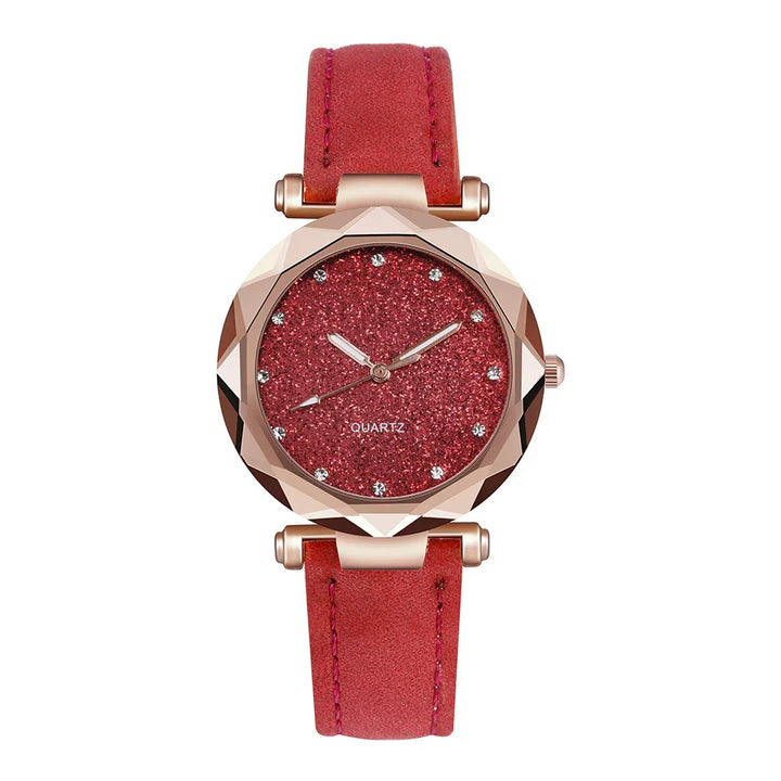 Elegant red women's quartz watch with glitter dial and rose gold faceted bezel