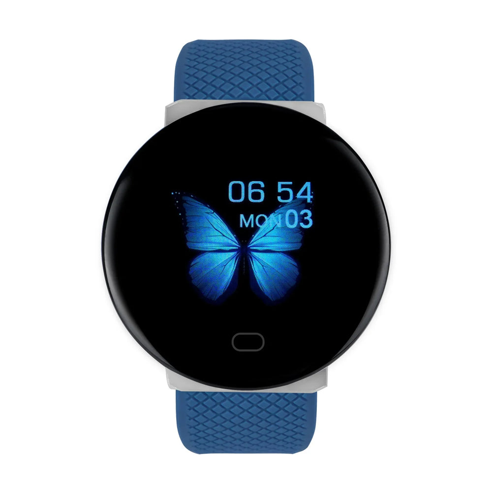 Round smart watch with blue textured silicone band and digital butterfly display showing time and date