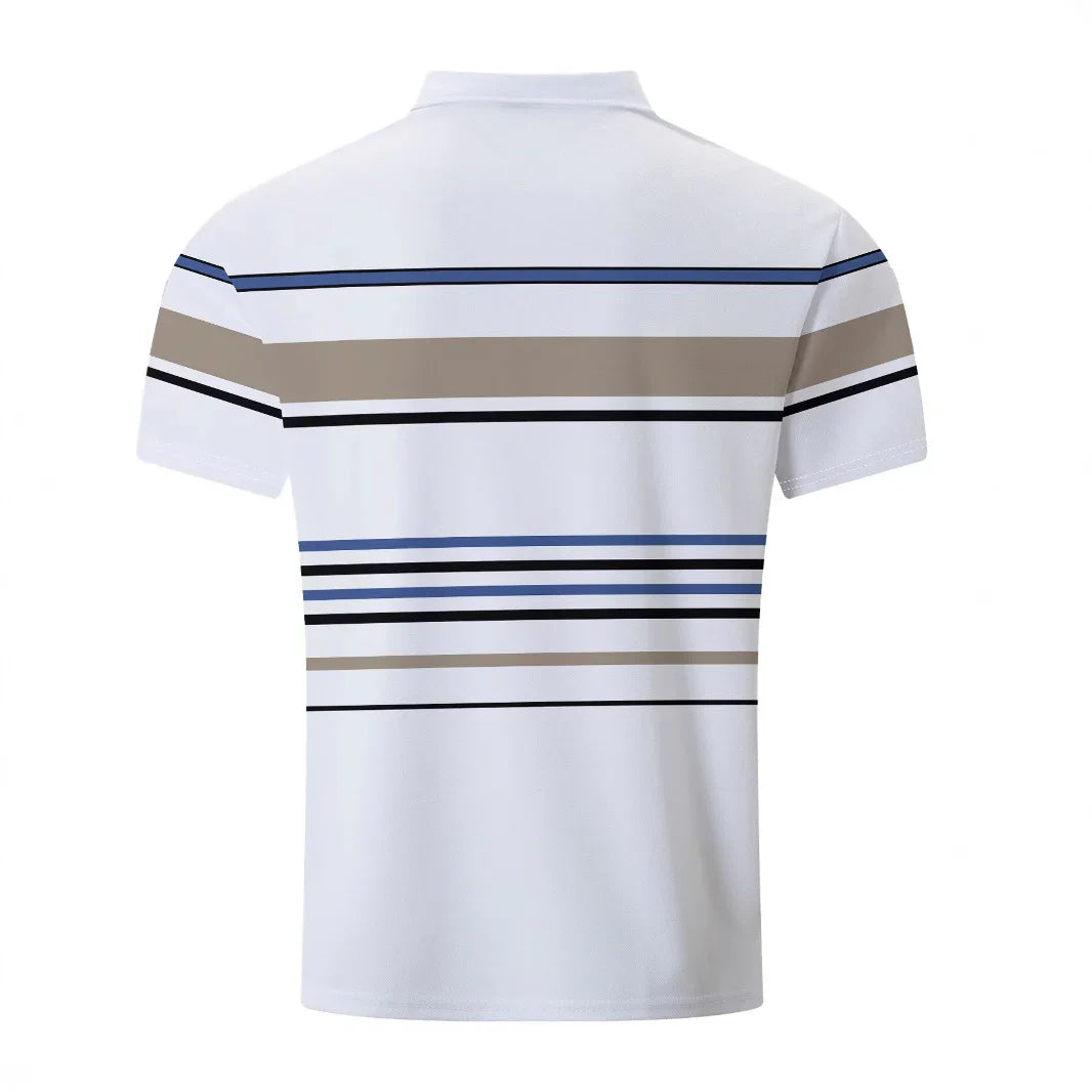 White polo shirt with short sleeves featuring horizontal blue, tan, and black stripes