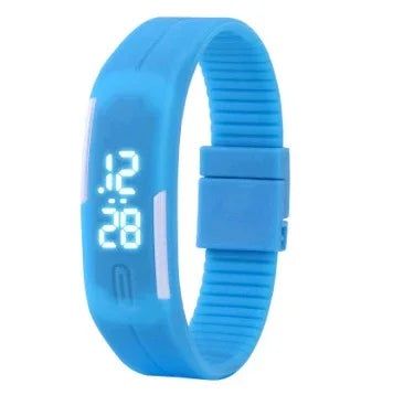 Blue digital LED fitness tracker with time display and adjustable silicone band