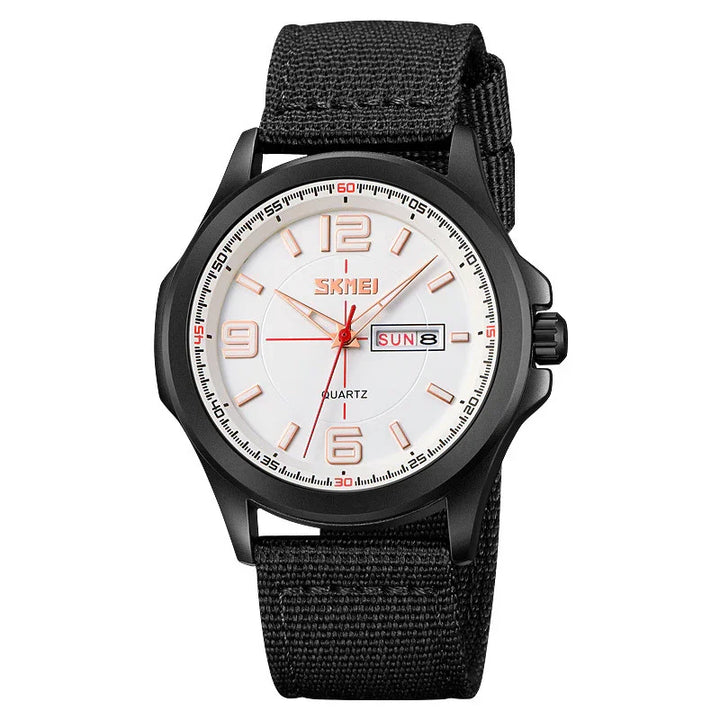 SKMEI quartz wristwatch with white dial, rose gold numerals, day-date display, and black fabric strap