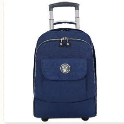 Navy blue wheeled carry-on suitcase with telescoping handle and front zip pocket