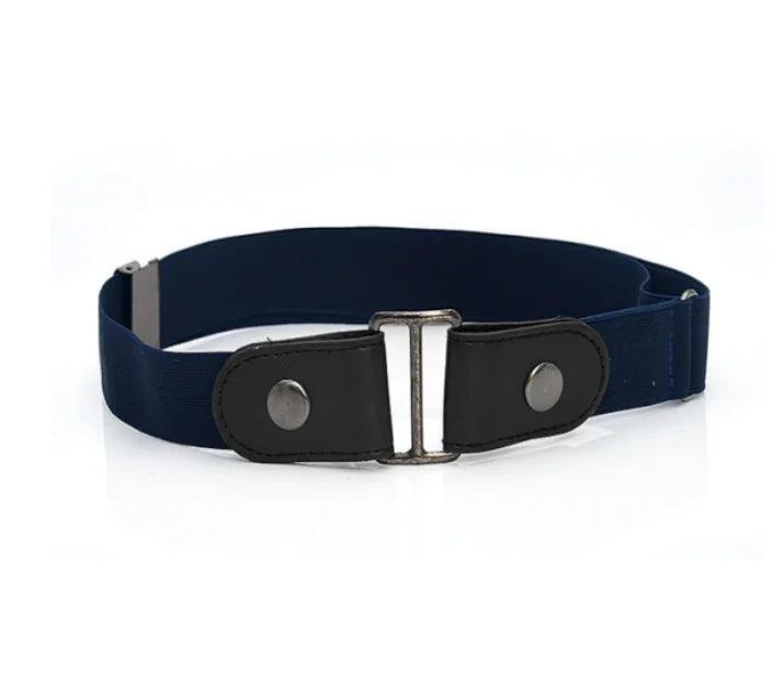 blue elastic belt with black leather strap and silver metal buckle on white background