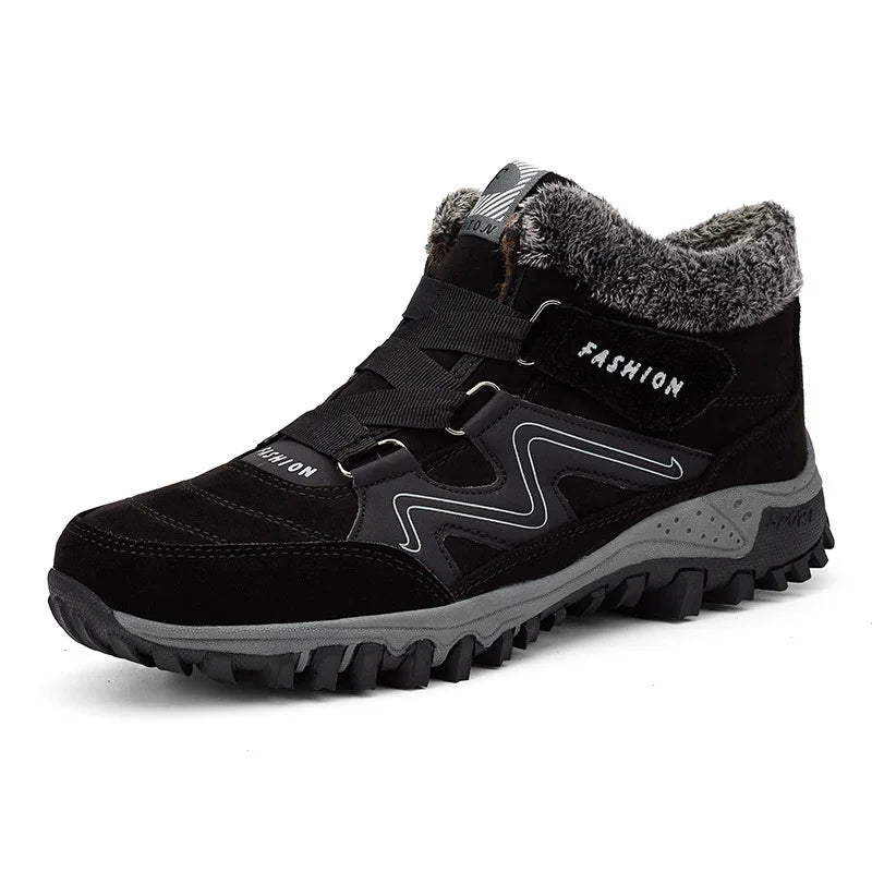 Black winter hiking boot with gray sole, fur lining, and sporty design details