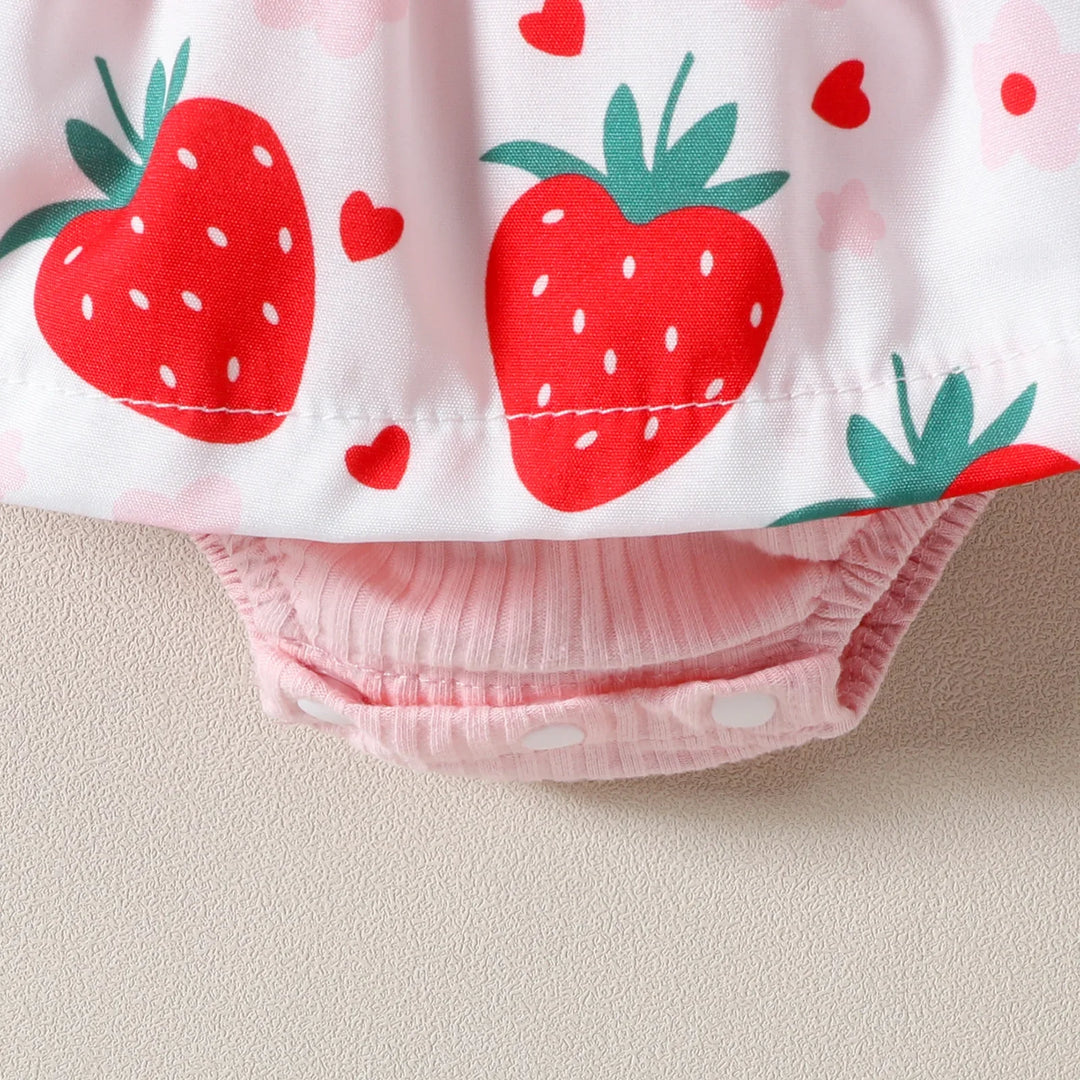 Close-up of baby romper with red strawberry and heart print on white and pink ribbed fabric with snap buttons