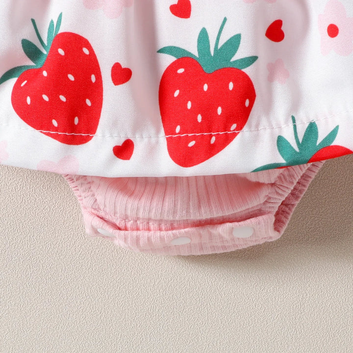 Close-up of baby romper with red strawberry and heart print on white and pink ribbed fabric with snap buttons