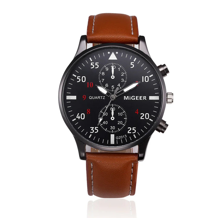 MiGEER men's quartz wristwatch with black dial, white and red markings, and brown leather strap