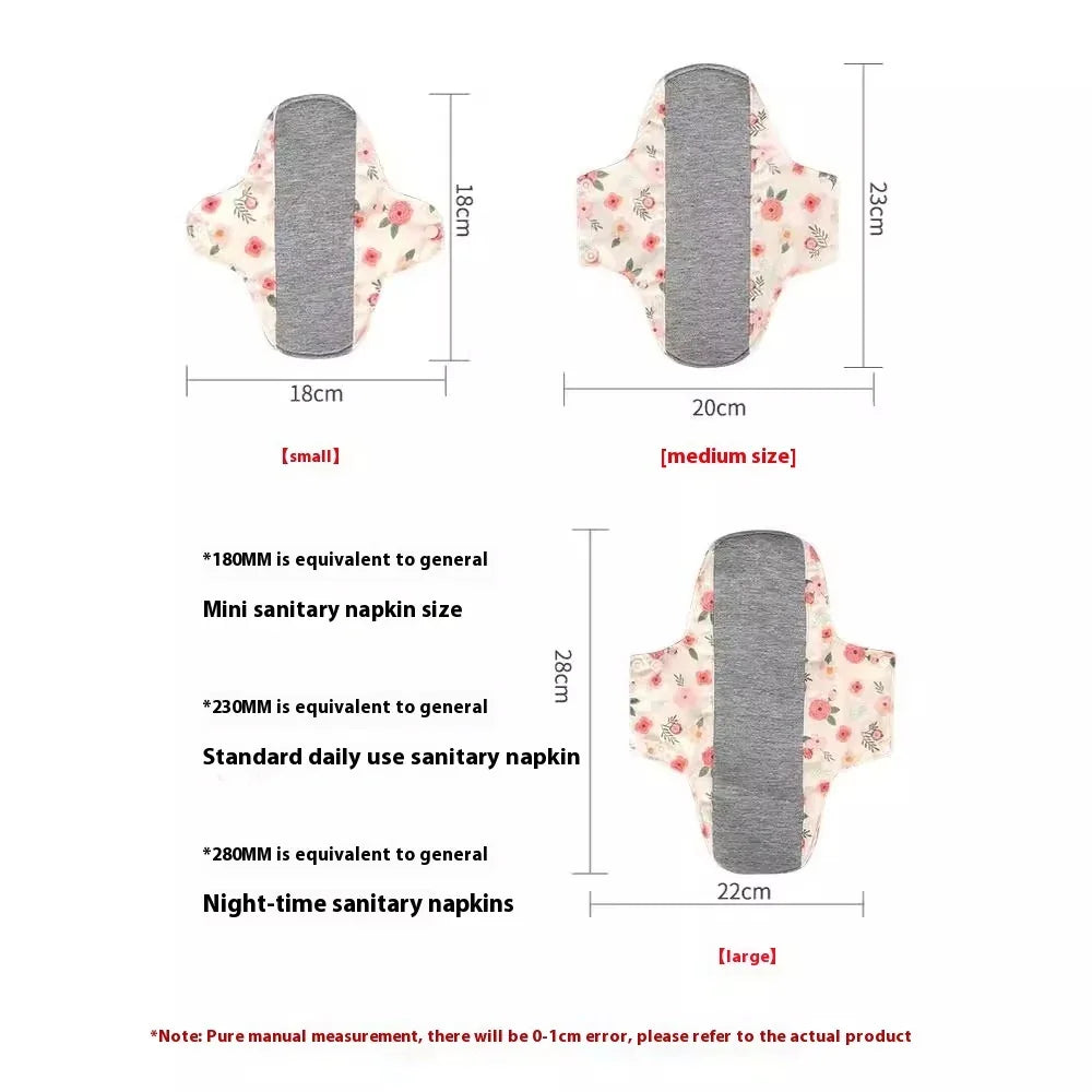 Three reusable floral print cloth sanitary pads in small, medium, and large sizes with measurements and usage details