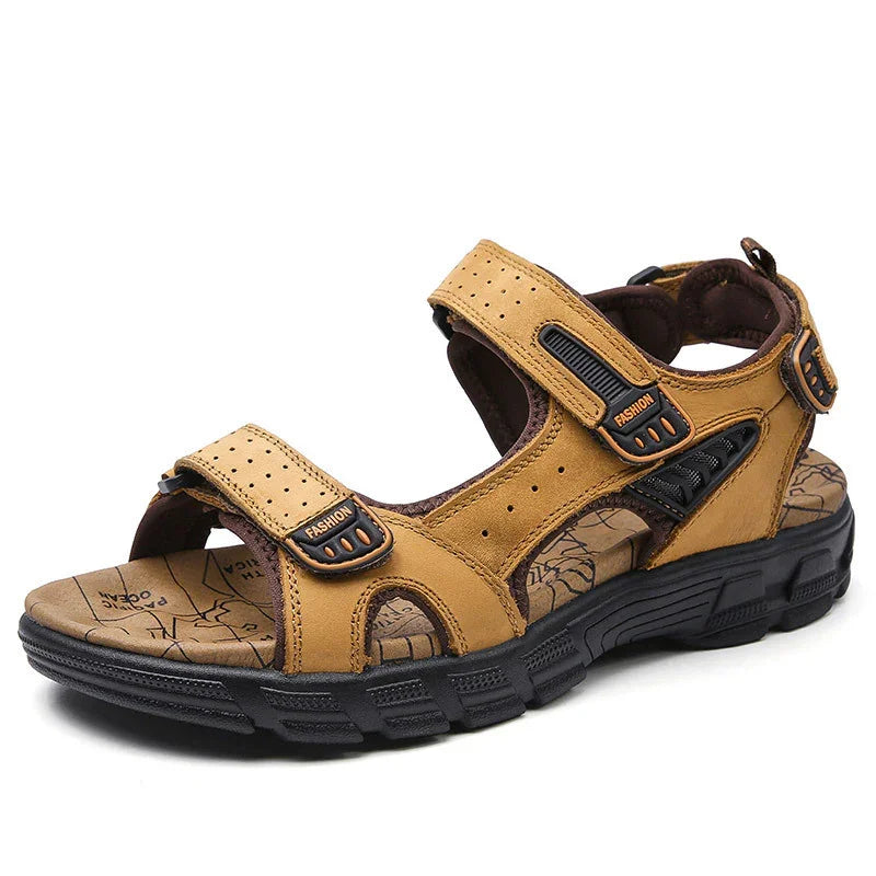 Men's brown leather casual sandals with black rubber sole and adjustable straps