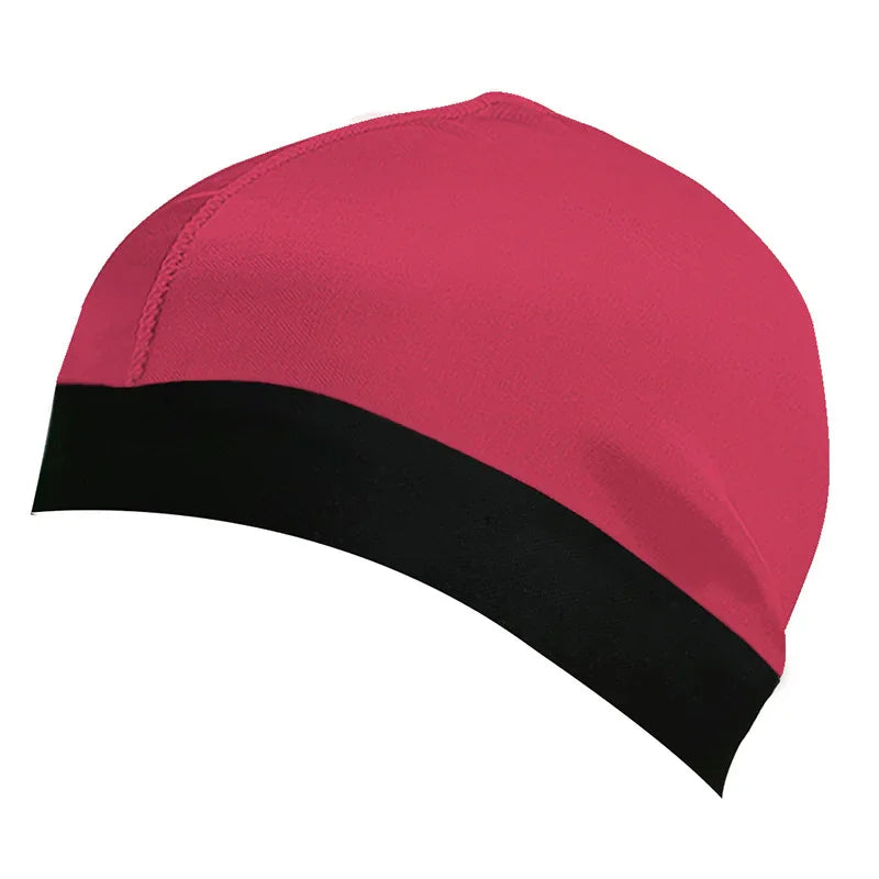 Red and black swim cap with seamless design and fitted style