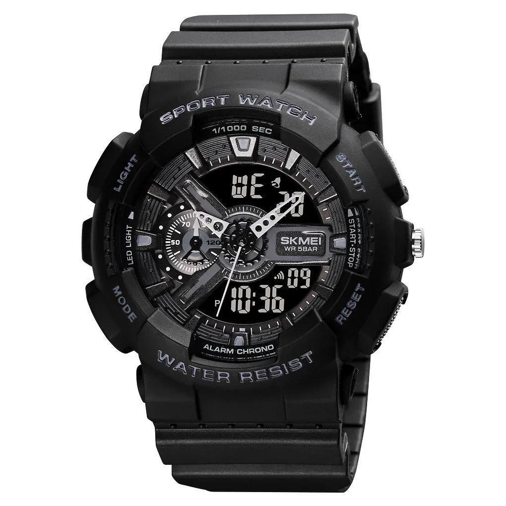 Black SKMEI sport watch with digital and analog display, water resistant, alarm chrono features
