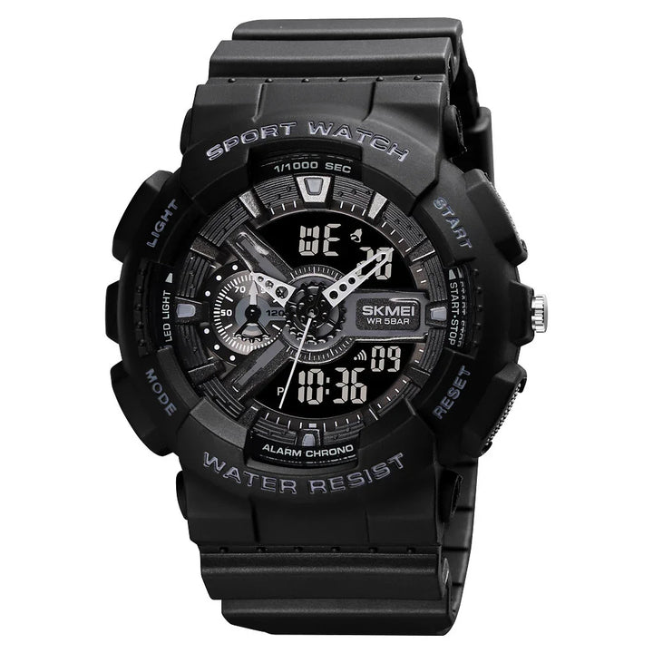 Black SKMEI sport watch with digital and analog display, water resistant, alarm chrono features