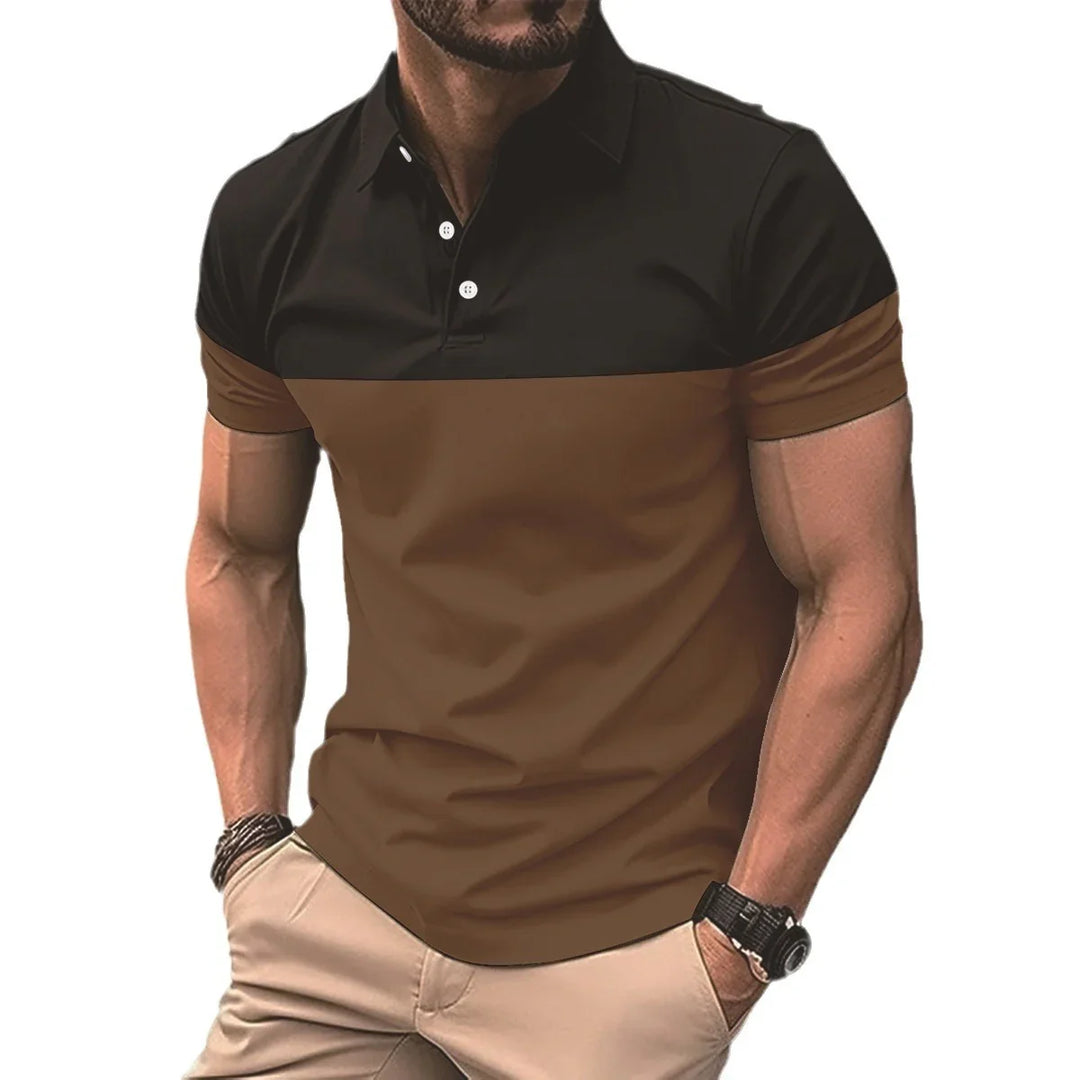 Man wearing black and brown short-sleeve polo shirt with beige pants, wristwatch, and bracelet