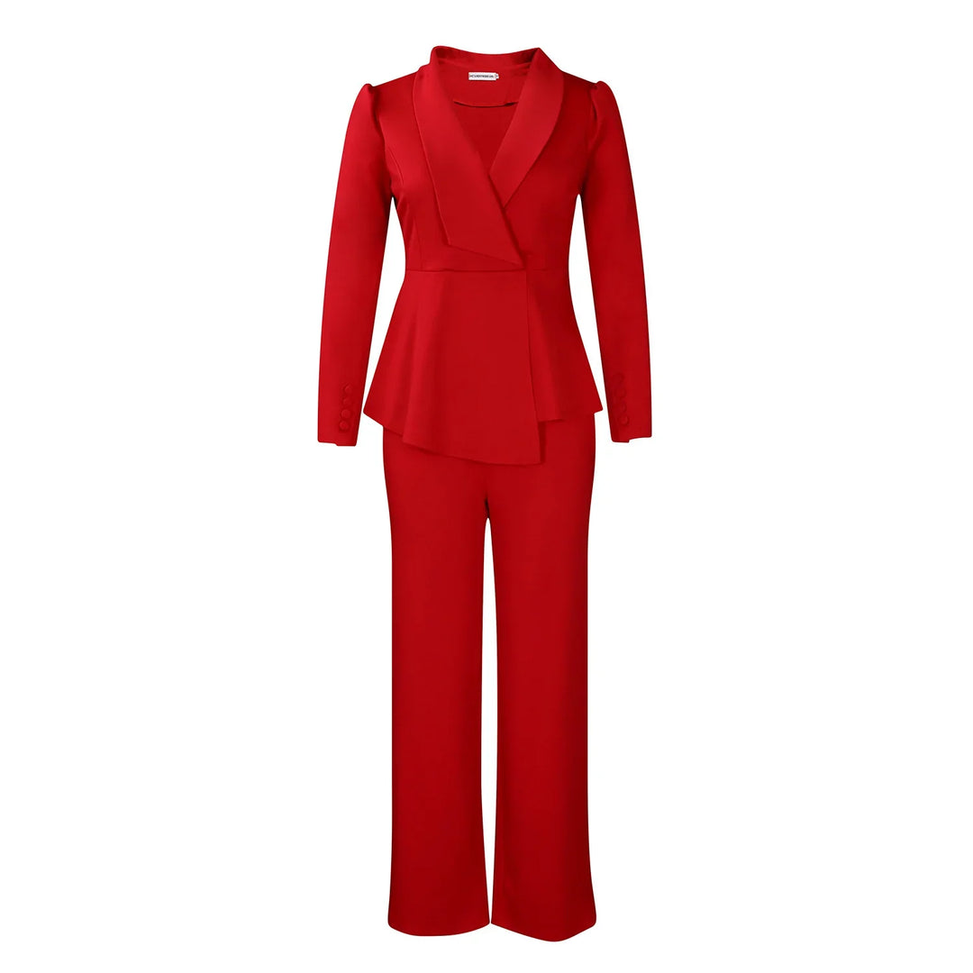 Elegant red women's pantsuit with peplum blazer and wide-leg trousers on white background