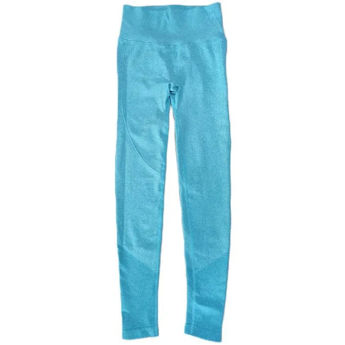 Light blue high-waisted seamless leggings with textured accents on calves
