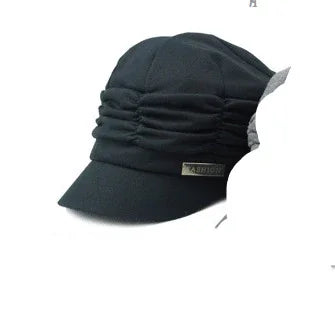 Black casual cap with gathered fabric design and metal fashion label on side