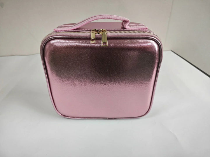 Metallic pink square cosmetic travel bag with dual gold zipper and top handle