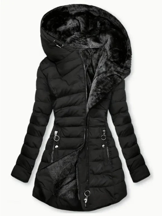 Black padded winter coat with hood and soft faux fur lining, zipper closure, and zippered pockets
