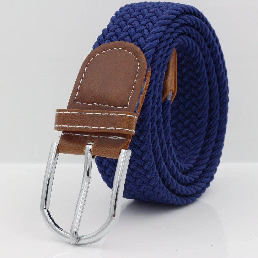 Blue woven fabric belt with brown leather buckle and white stitching on white background