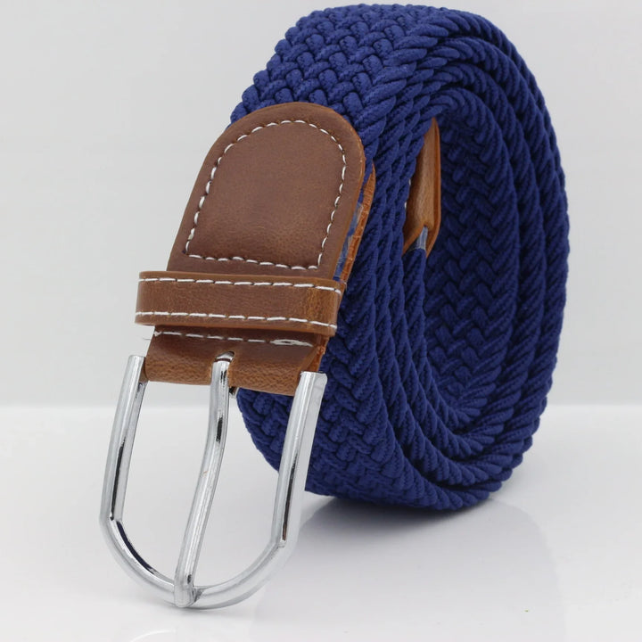 Blue woven fabric belt with brown leather buckle and white stitching on white background