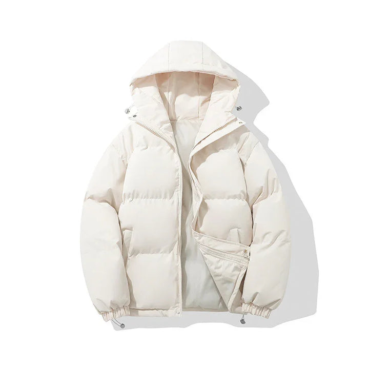 Cream white puffer jacket with hood, front zipper and elastic cuffs on white background