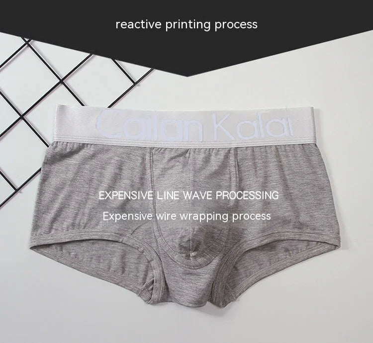Gray men's boxer briefs with white elastic waistband on white surface, textile and reactive printing process