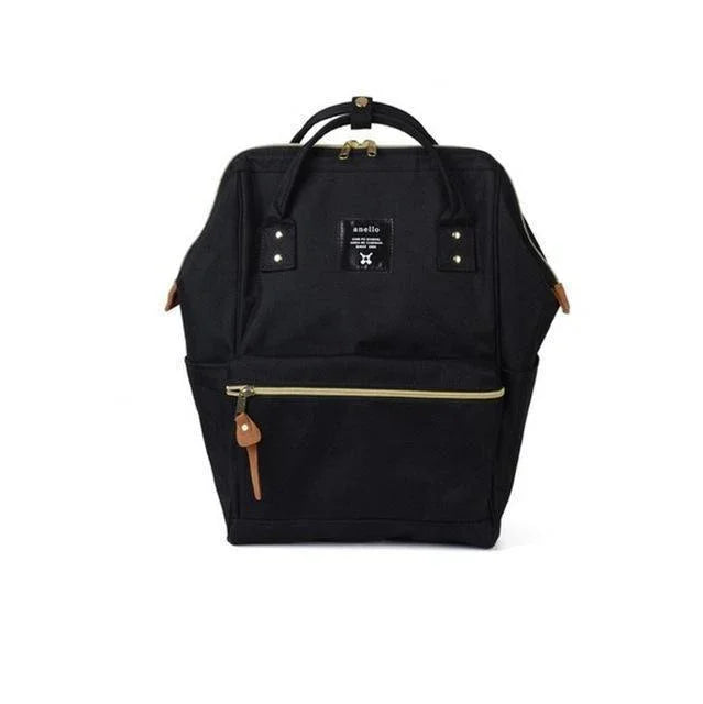 Black Anello backpack with front zip pocket and leather zipper pull on white background