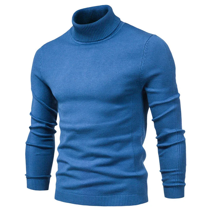 Blue men's fitted turtleneck sweater with ribbed cuffs and hem on white background