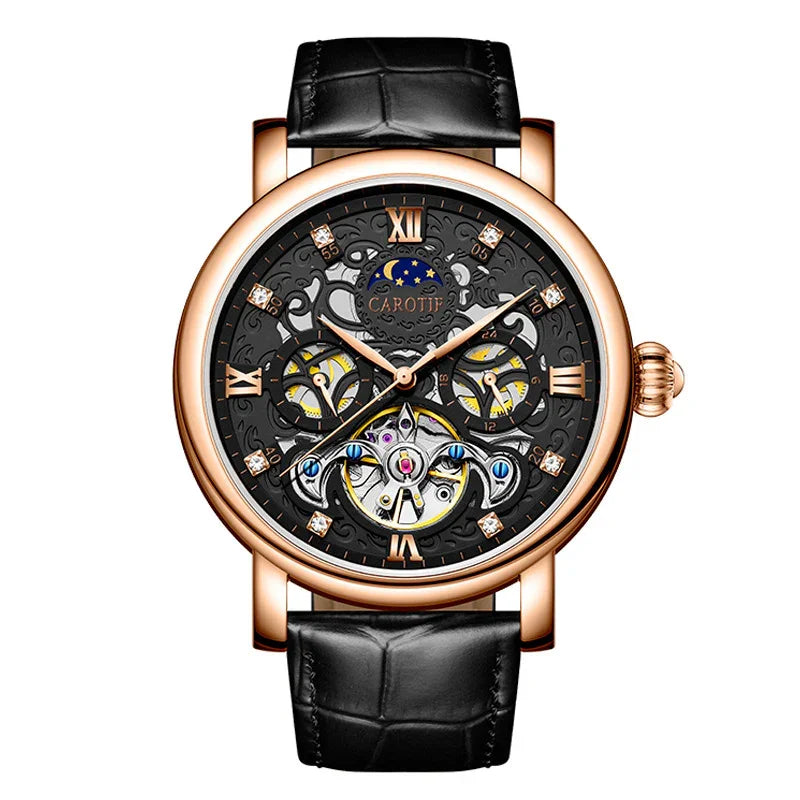 Luxury Carotif mechanical wristwatch with black leather strap, rose gold case, and intricate skeleton dial