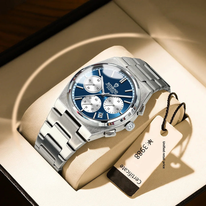 Silver stainless steel men's wristwatch with blue dial and three subdials on beige cushion