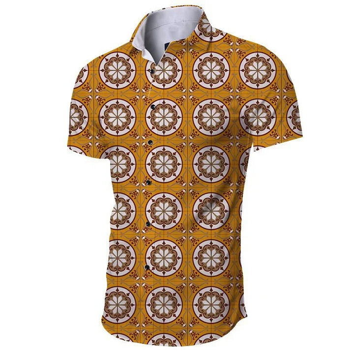 Men's short sleeve button-up shirt with vintage brown and yellow circular tile pattern