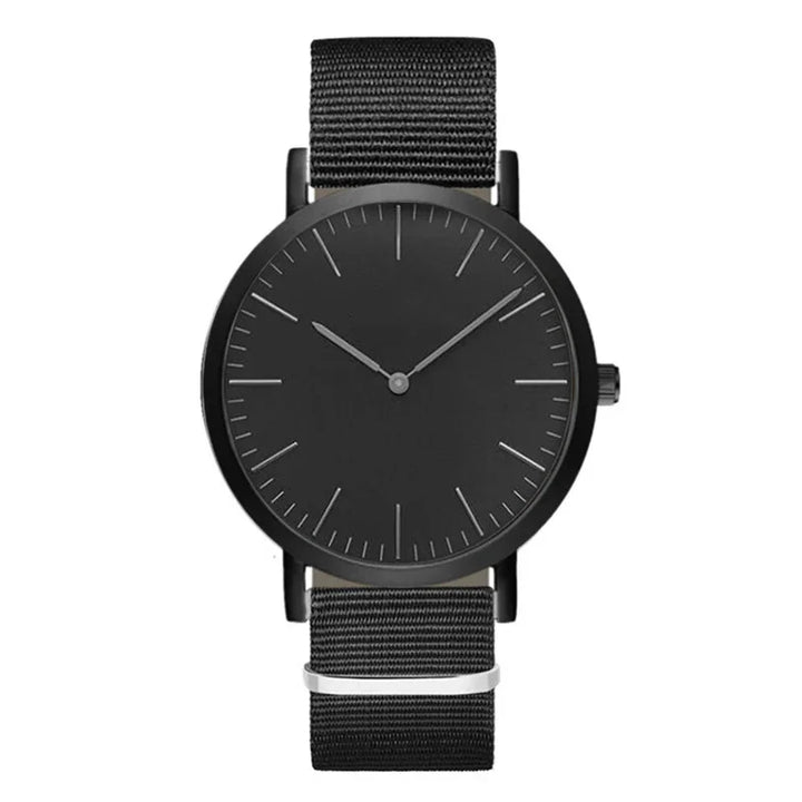 Minimalist black wristwatch with black nylon strap and simple dial design
