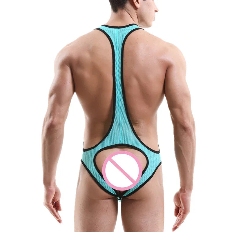 Man wearing turquoise mesh open-back wrestling singlet with black trim showing muscular back