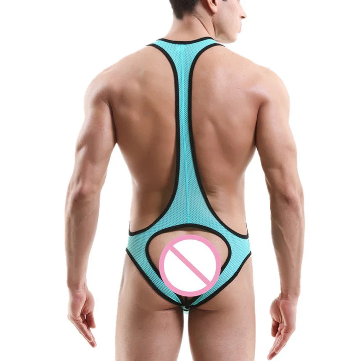Man wearing turquoise mesh open-back wrestling singlet with black trim showing muscular back