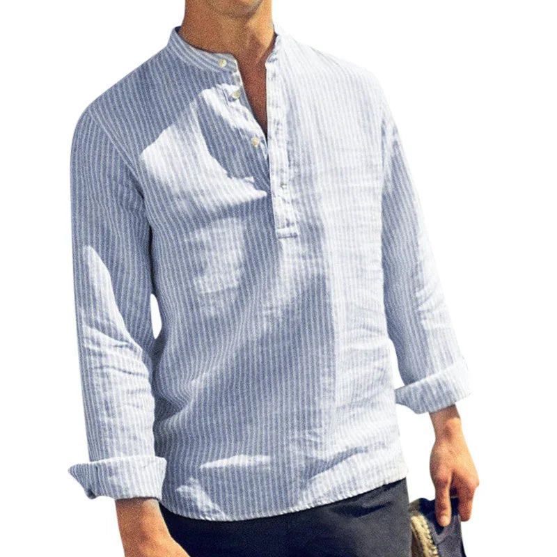 Men's casual light blue striped linen shirt with rolled sleeves and buttoned placket