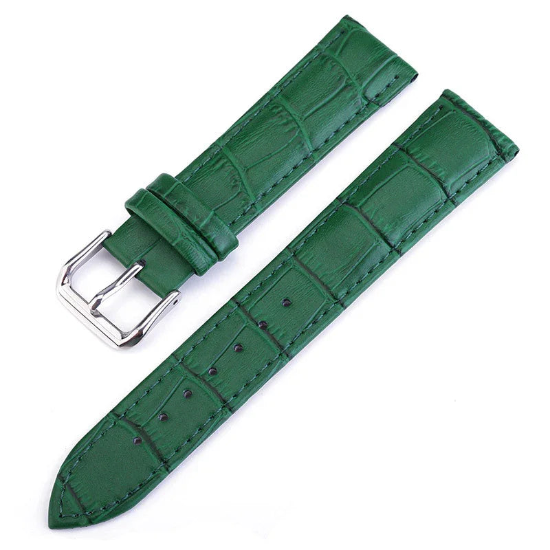 Green leather watch strap with crocodile pattern and silver buckle, two-piece design