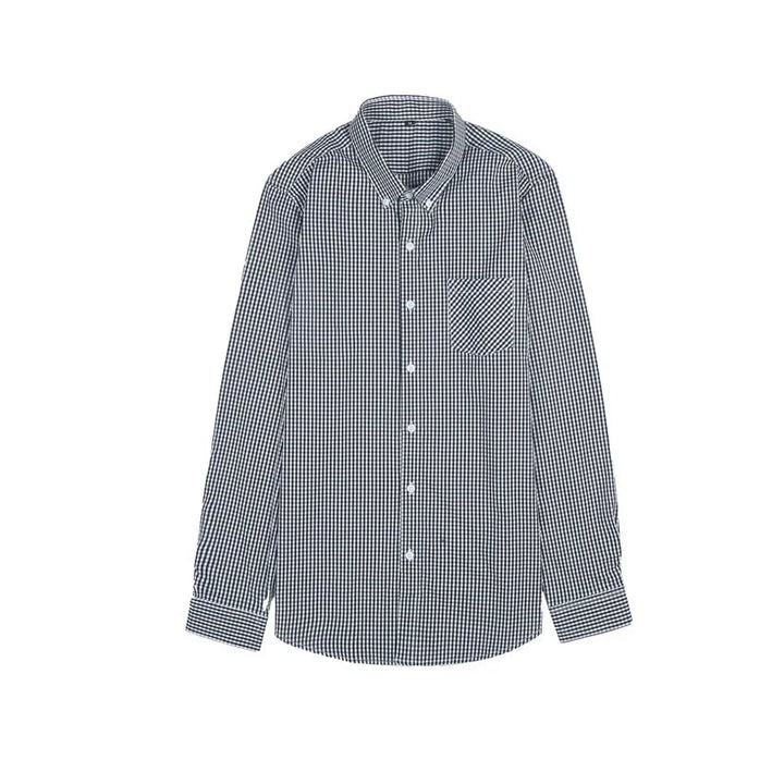 Men's long sleeve button-up shirt with black and white checkered pattern and front pocket