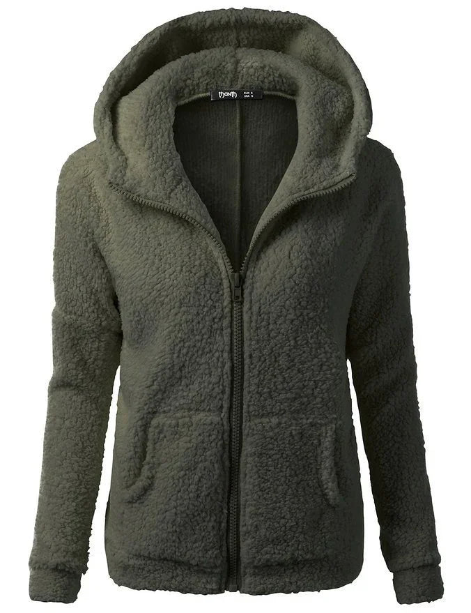 olive green sherpa fleece zip-up hoodie jacket with pockets, cozy textured winter outerwear